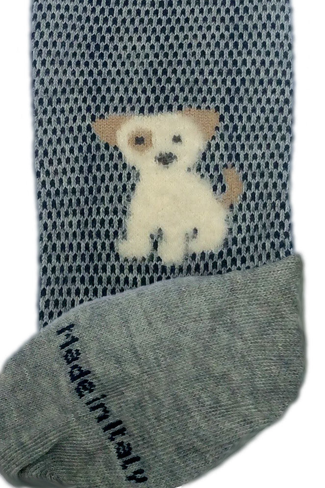 Grey puppy dog socks displaying, Made In Italy, logo.