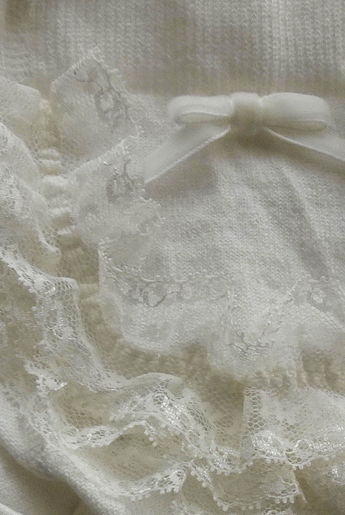 Close up, ivory lace ruffle on back panel of cotton baby tights.