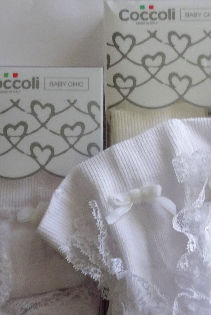 Close up, lace ruffle, bow and waistband on Coccoli white Baby bum ruffle tights.