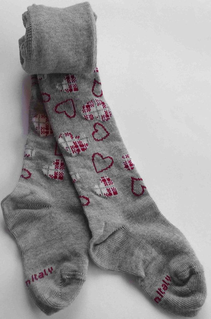Rolled grey infant tights with patterned pink hearts  repeating on the legs and feet.