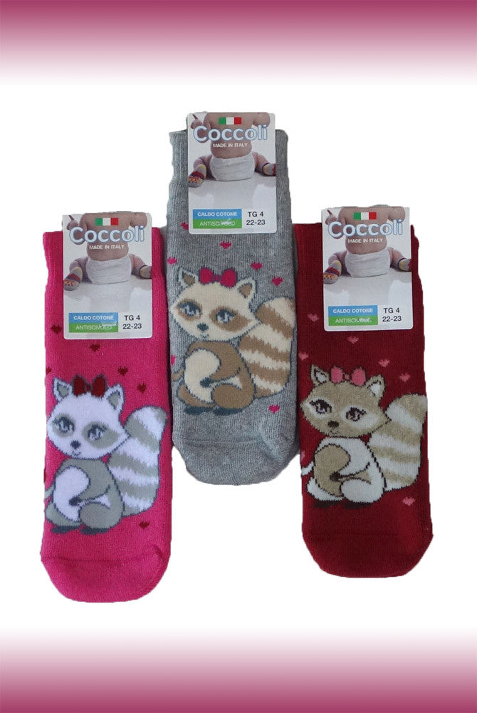 Pink, grey and red squirrel print young girls Coccoli grip socks.