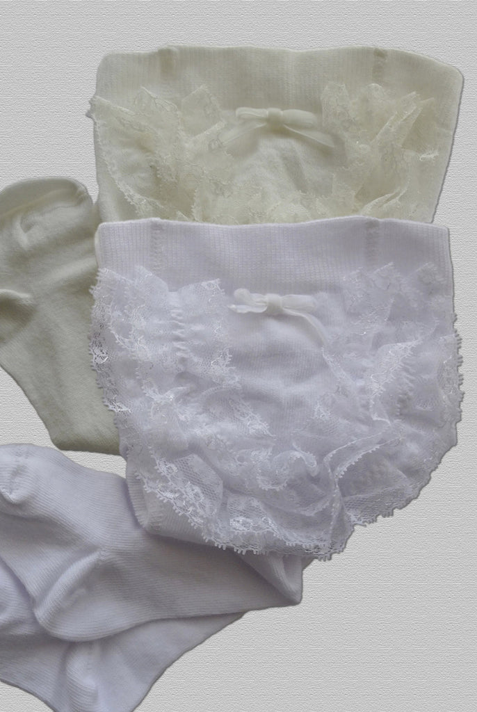 Ivory and white Coccoli Baby Chic tights with double lace ruffle and bow. 