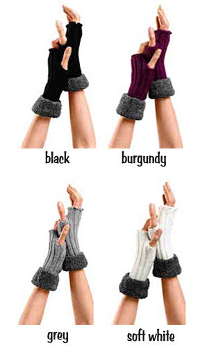 Four colour samples Bugie fingerless gloves, burgundy, grey, cream and black.