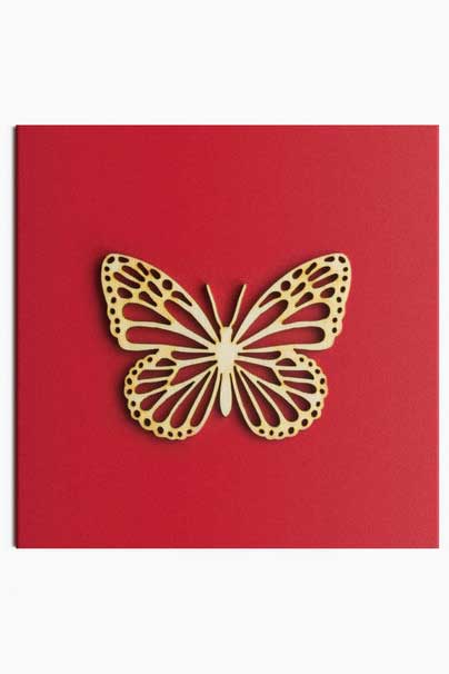 Wooden cut out butterfly on red card.