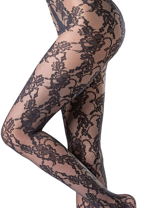 Close up of black floral lace pattern tights.