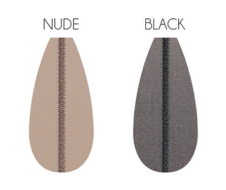 Nude and black colour samples of Oroblu Riga Up sheer back seam tights available in Australia.