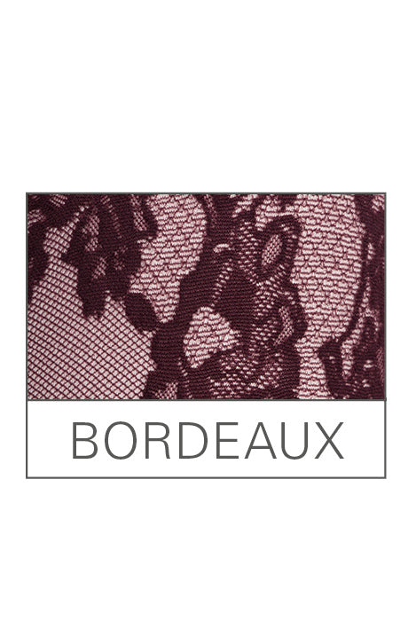 Bordeaux red swatch of Oroblu Eden Rose, floral tights.