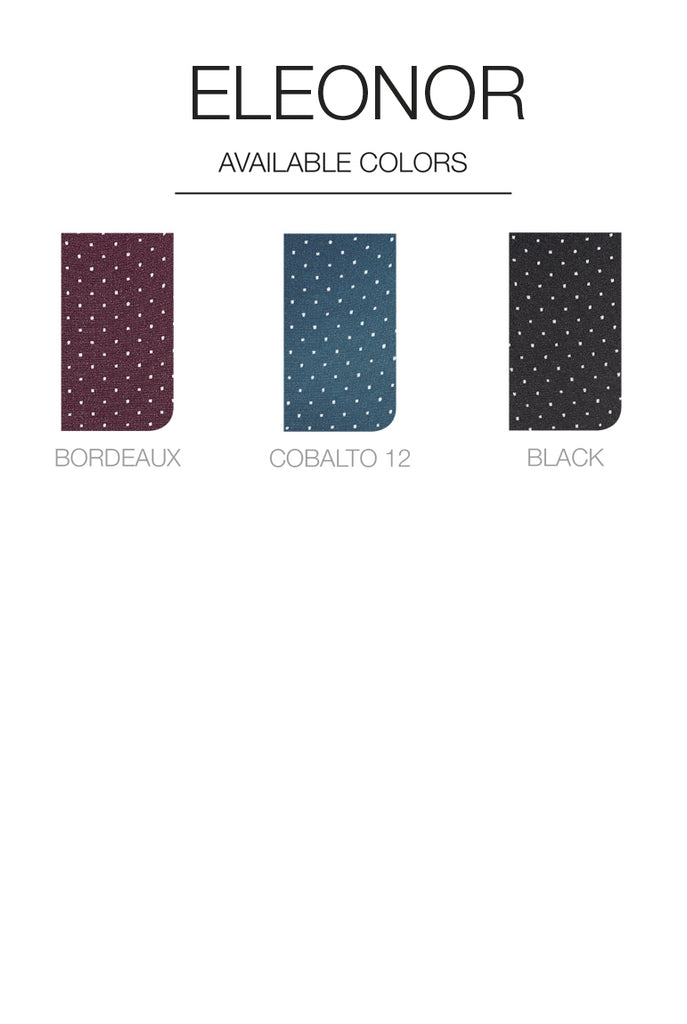 Colour selection chart of available colours for Oroblu Eleonor tights, base colours are bordeaux, cobalt and black, all polka dots are white in colour.