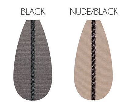 Black and nude colour sample of Oroblu Riga Up sheer tights available in Australia.
