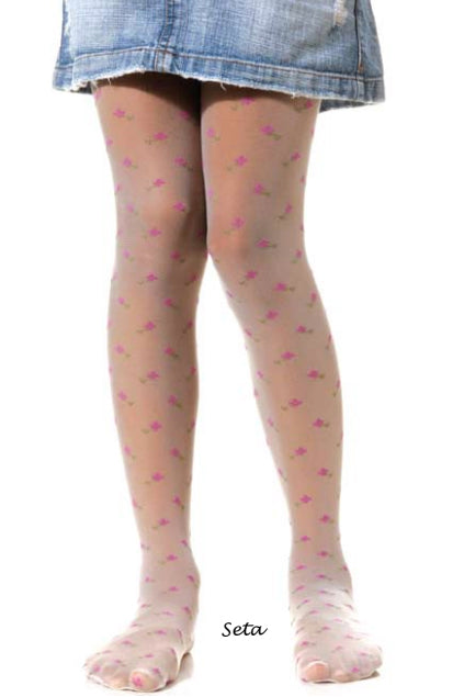 Young girls' legs wearing where ivory tights patterned with pink and green flower buds.