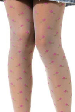 Close up of girl's legs in sheer floral pattern ivory tights.
