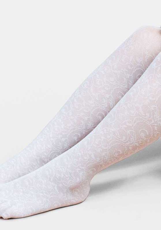 Close up of lower section of a girl's legs in white jacquard sheer tights.