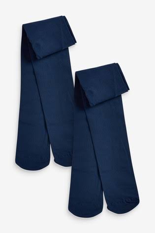 Two pairs of folded girls' navy blue tights.