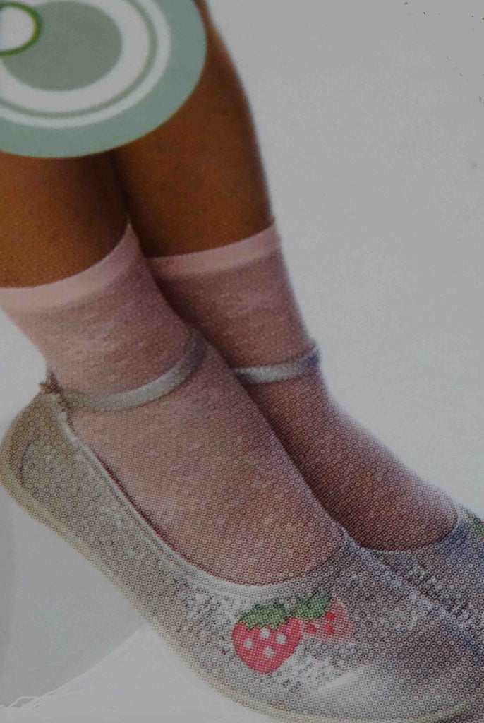 Girl's feet wearing silvery Mary Jane shoes and pink lace ankle socks.