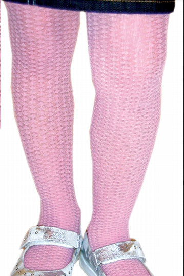 Girls legs standing and wearing pink tights with silver Mary Jane shoes.