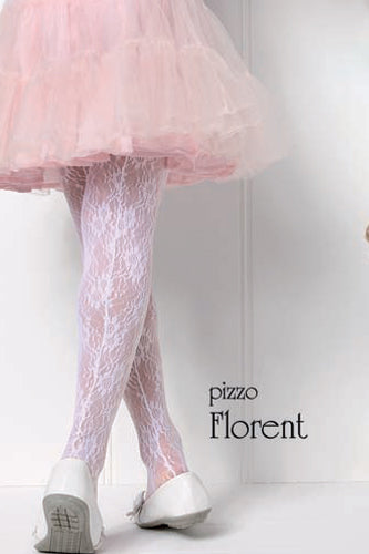 Back view of girl's legs wearing a flouncy pink tulle skirt and white floral lace tights.