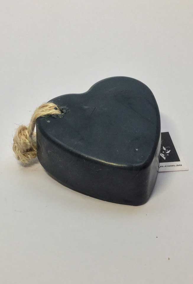 Heart shape charcoal soap with rope.