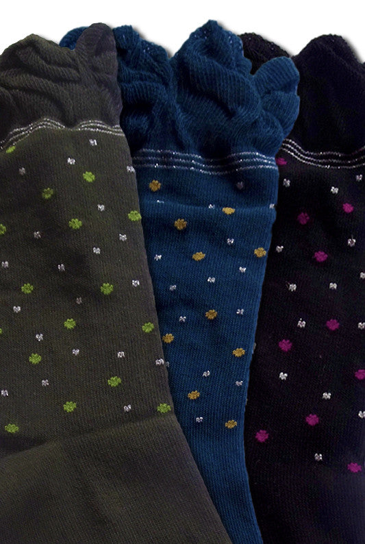 Three colour samples, teale, green and black for Bugie, Infinity polka dot socks. 