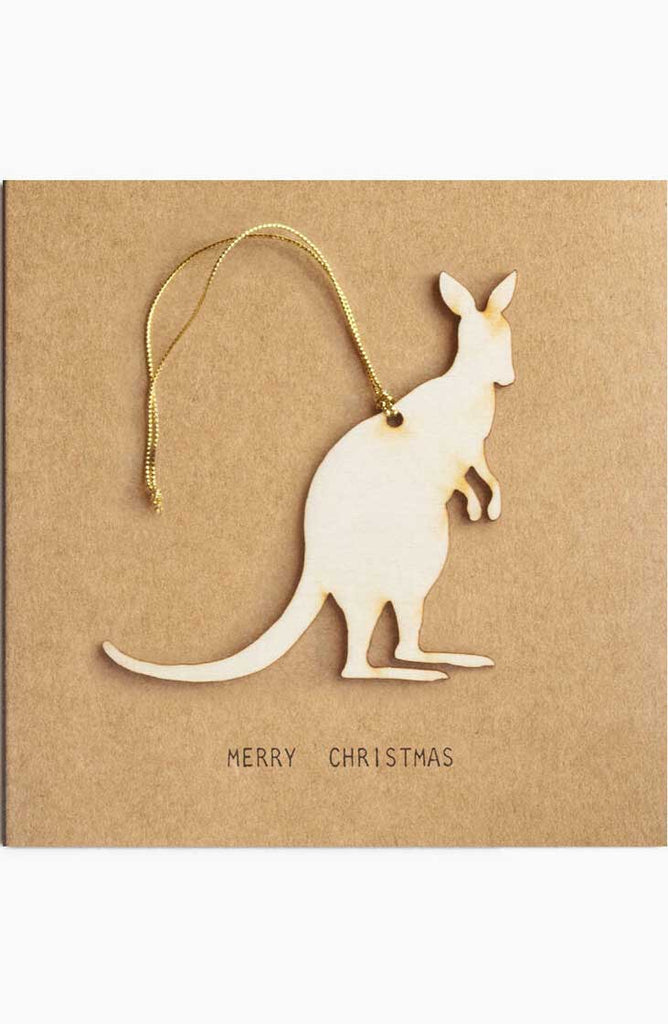 Kraft Christmas greeting card with kangaroo hanging decoration.
