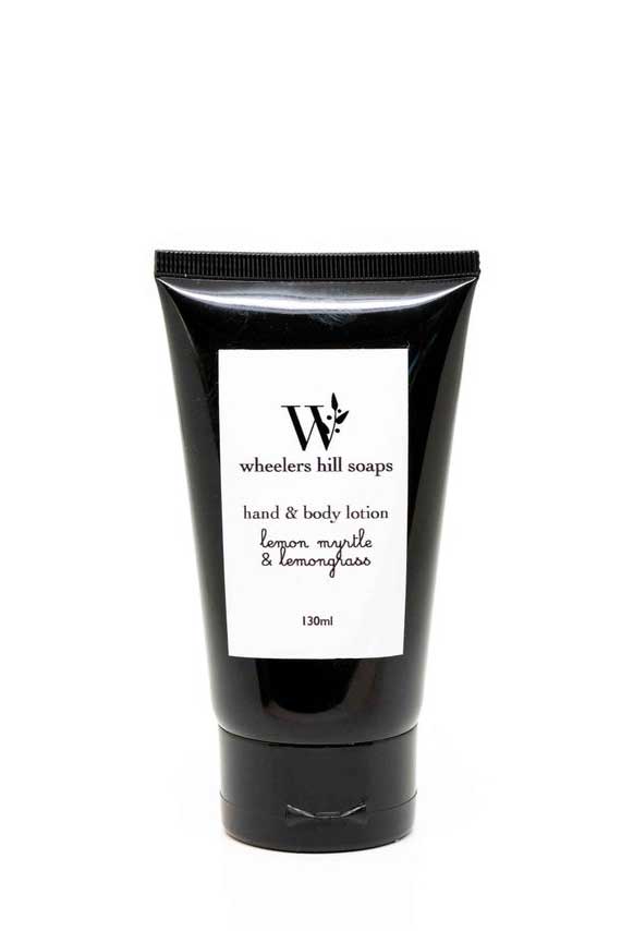 Lemon myrtle hand and body lotion in black tube.