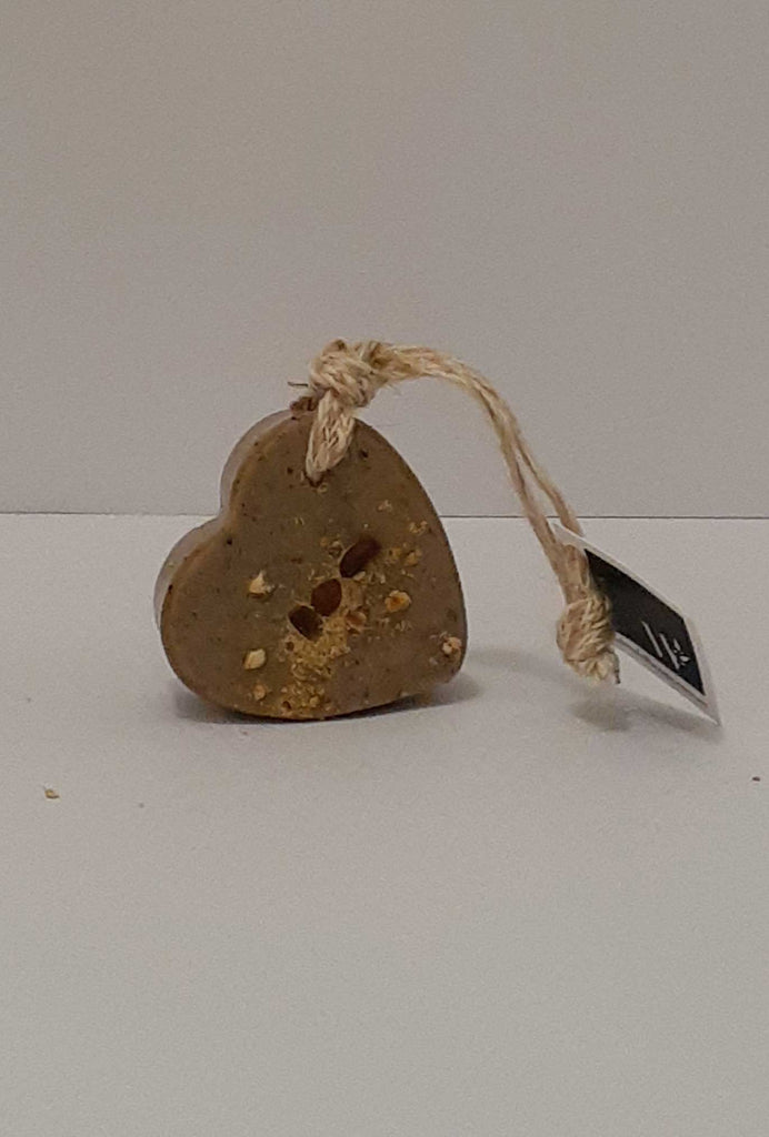 Heart shape coffee soap with rope attached.