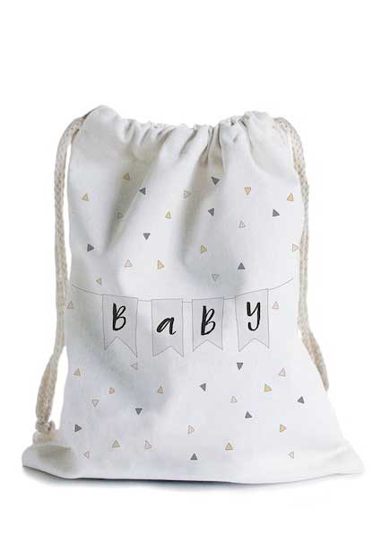 White, drawstring bag with the text Baby and mini flags printed on the front.