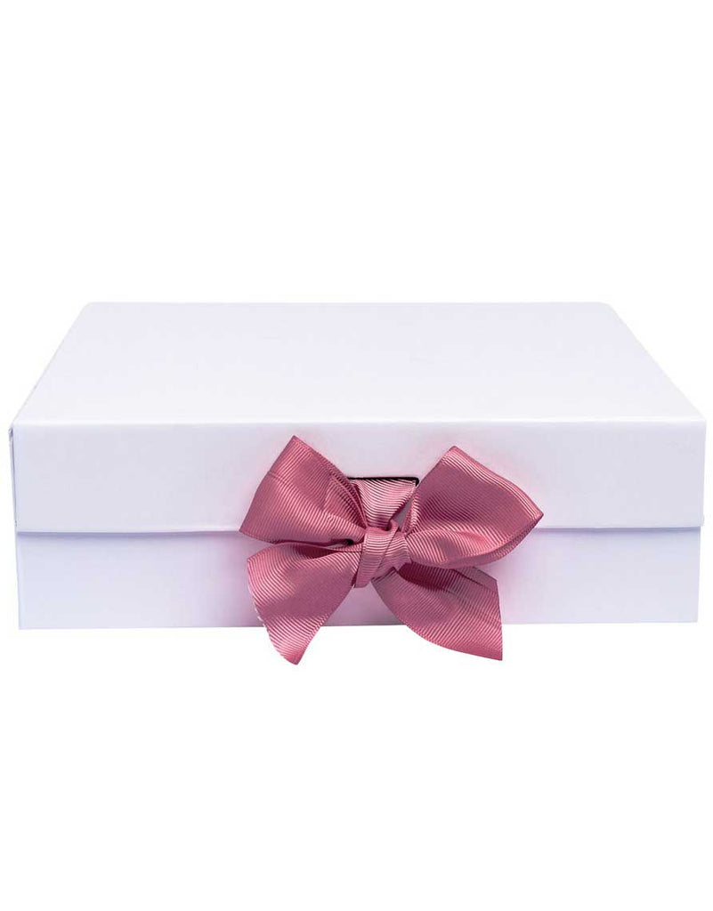 White gift box with pink bow.