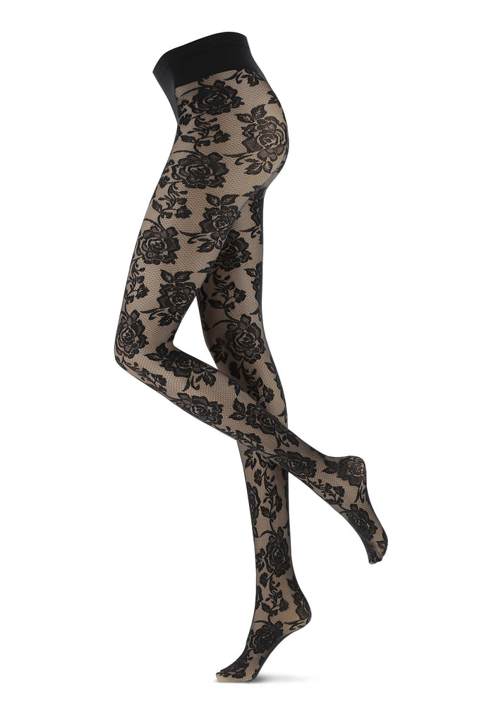 Side view of lady's legs in  black floral lace tights.