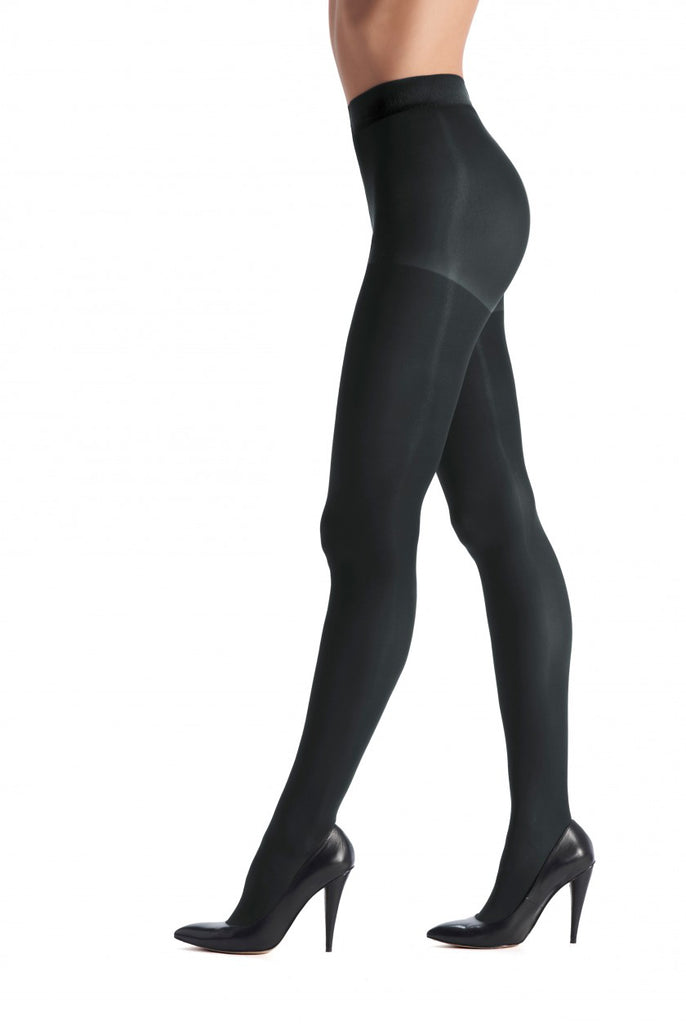 Side view of lady's legs in dark grey shaping tights.