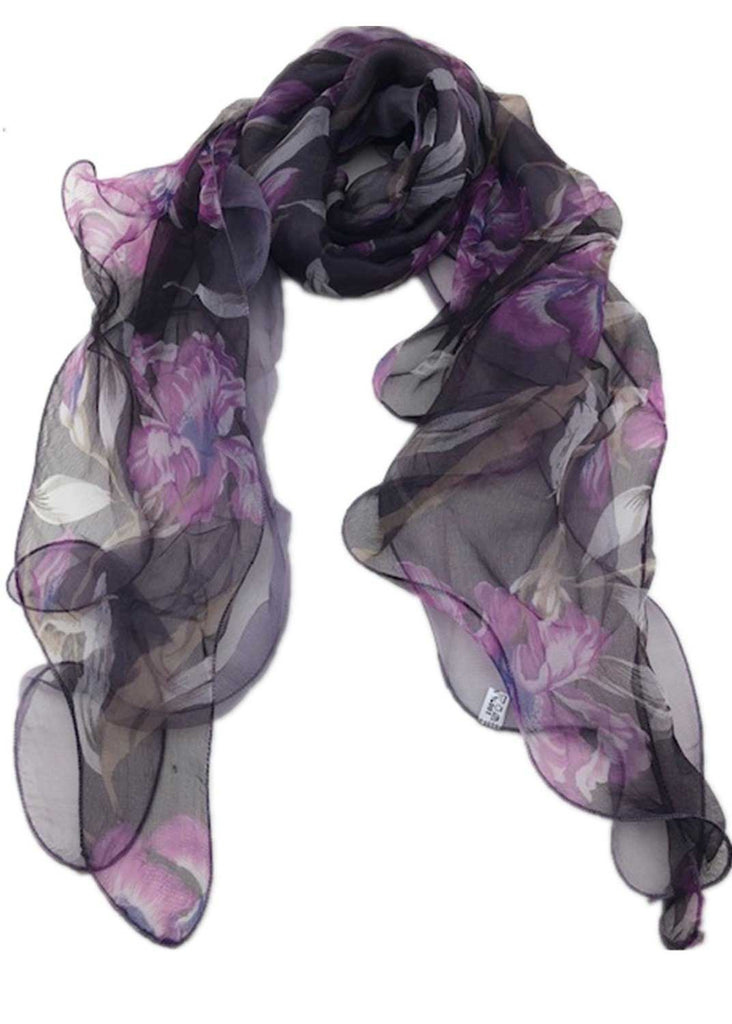 Black and purple flower scarf styled with a neck loop.