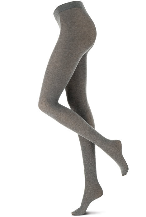 Side view of lady's legs wearing grey knit tights.