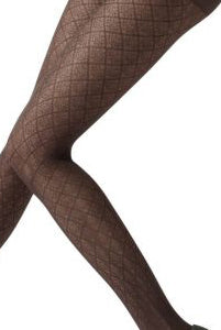 Close up of lady's leg in dark brown pattern tights.
