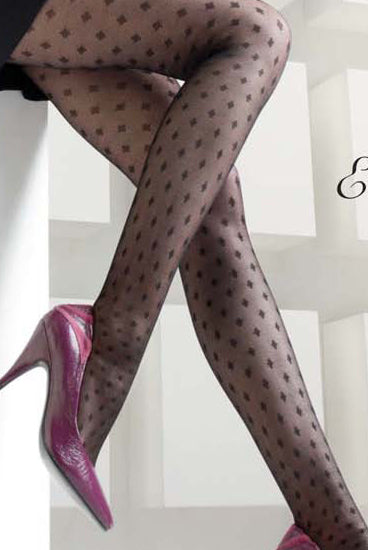 Close up of lady's legs in black small diamond fishnet tights.