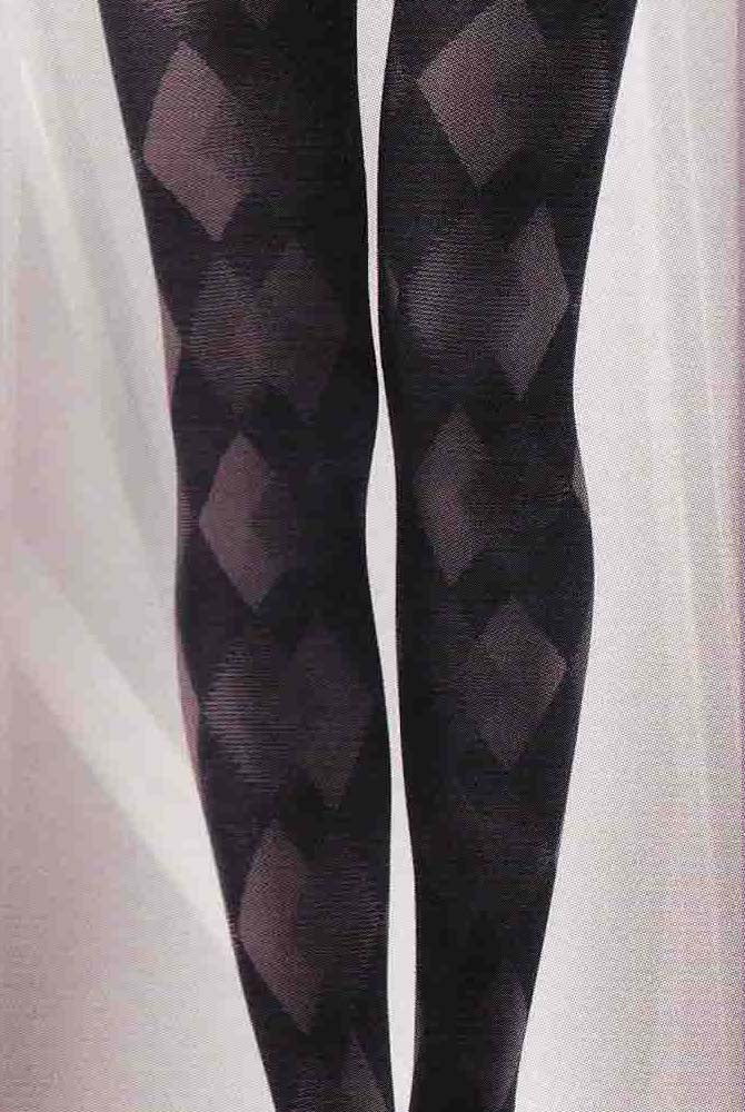 Close up of lady's legs in diamond pattern tights.