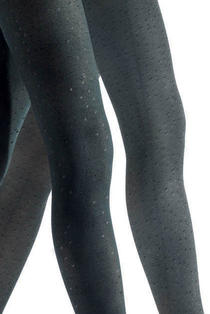 Close up of lady's legs in black and grey tights patterned with tiny flecks.
