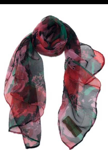 Styled green, black and red flower scarf.