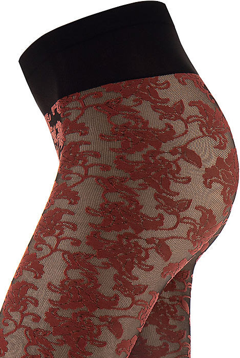 Close up side view of lady's thigh and buttock in red lace tights.