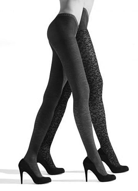 Side view of ladies legs walking in black and grey pattern tights.