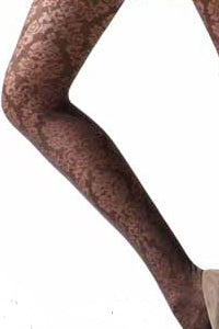 Close up of lady's  leg wearing brown floral patterned tights.