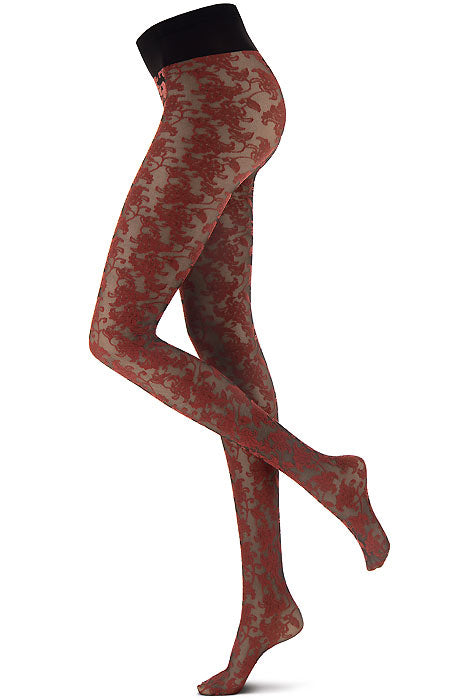 Side view of lady's legs in red sheer floral lace tights