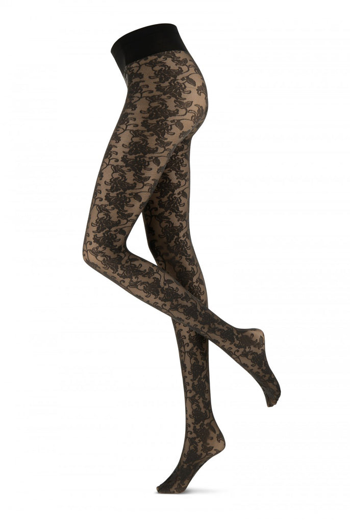 Side view of lady's  legs in black lace flower tights.