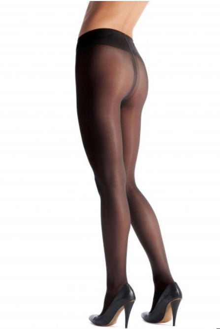 Side, back view of lady's legs wearing black sheer pantyhose.