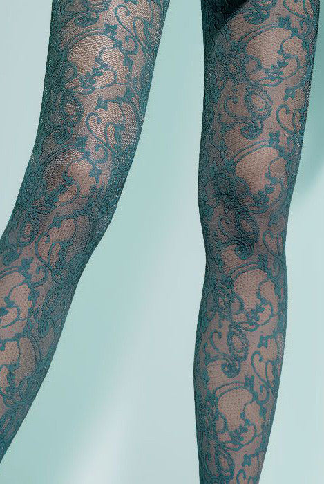 Close up of lady's legs wearing emerald green lace tights by Oroblu.