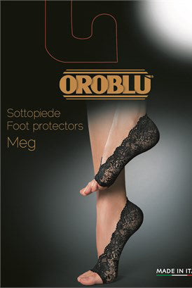Oroblu packaging displaying Meg black lace foot protectors.
