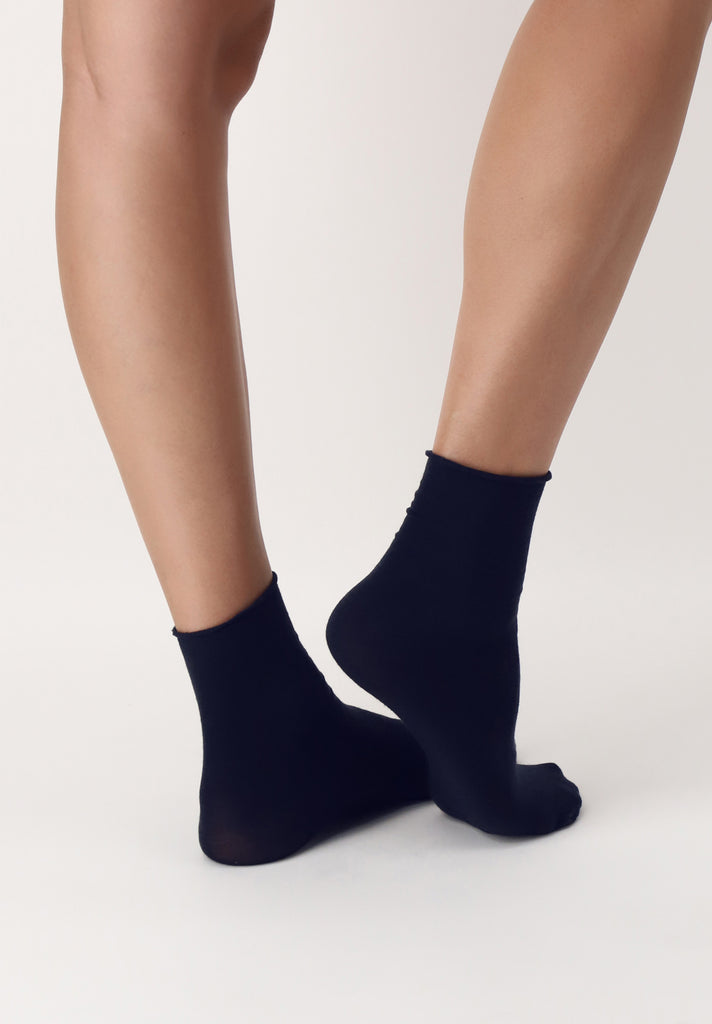 Back view of lady's feet in black socks.