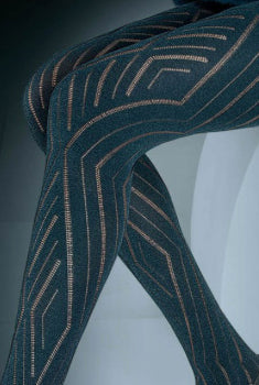 Close up of lady's legs sitting and wearing dark green pattern tights.