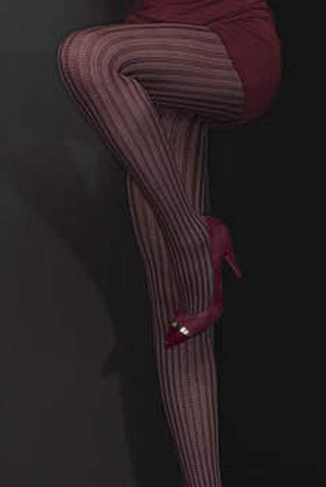 Close up of lady's leg bent at the knee wearing Oroblu Parisienne burgundy tights.