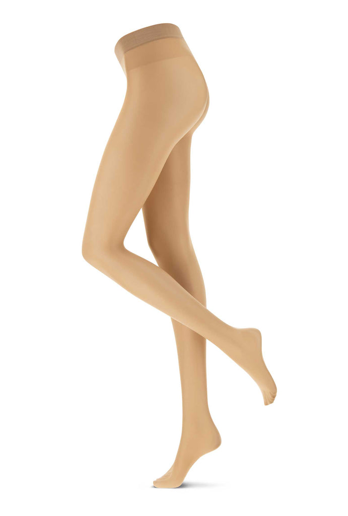 Side view of lady's legs wearing skin coloured pantyhose.