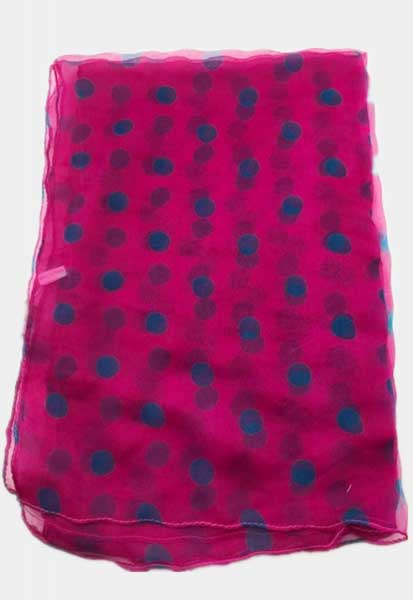 Folded pink and grey dot scarf.