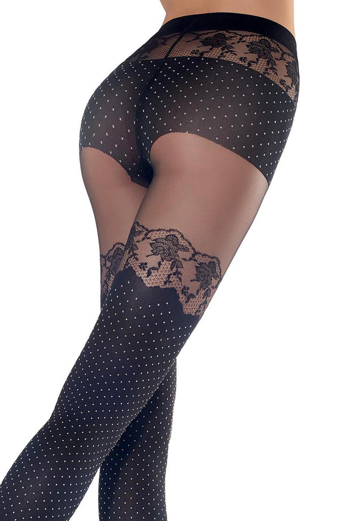 Close up of back view of lady's buttocks and upper thighs wearing faux hold ups with a polka dot pattern rose lace trim on thigh and panty brief.